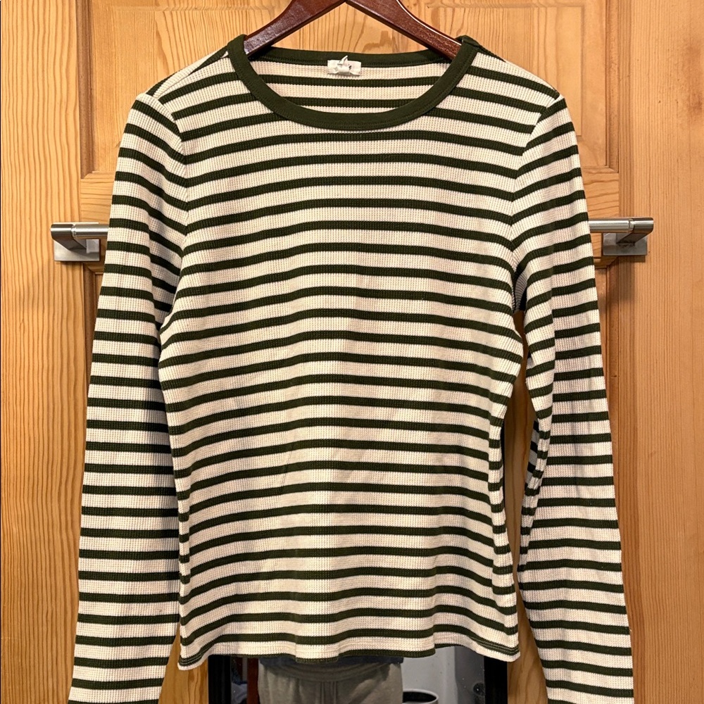 aerie Olive Green and Cream Striped Waffle Textured Long Sleeve Top Sz XL